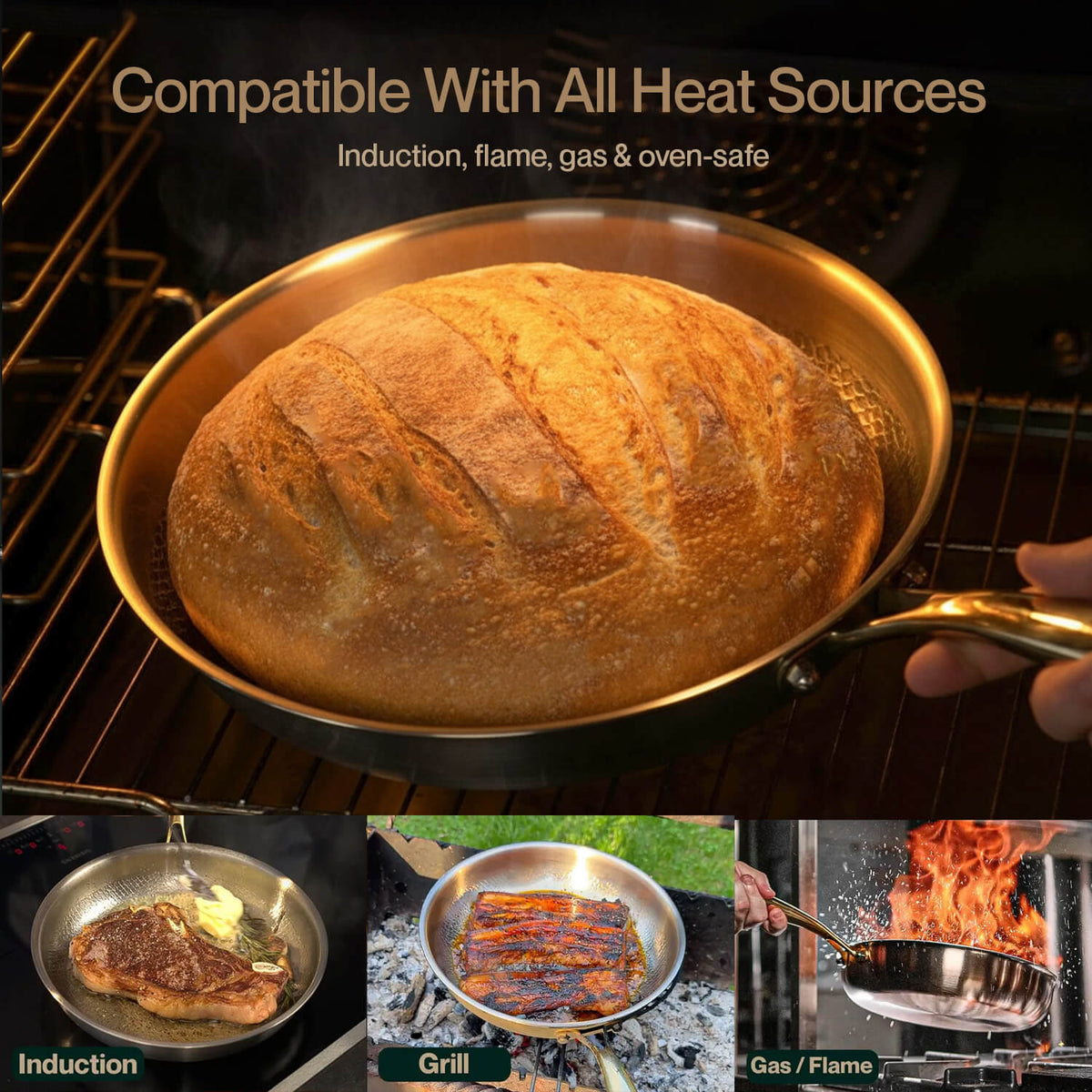 Gold frying pan with bread on an oven rack, used on induction, flame, grill, and oven.