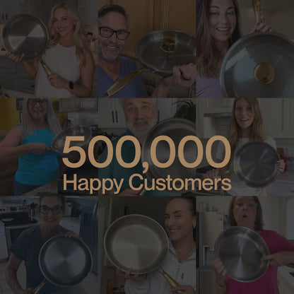 Collage of people holding pans with text '500,000 Happy Customers' in a kitchen setting.