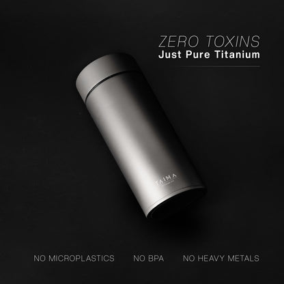 Titanium tumbler with 'Zero Toxins Just Pure Titanium'