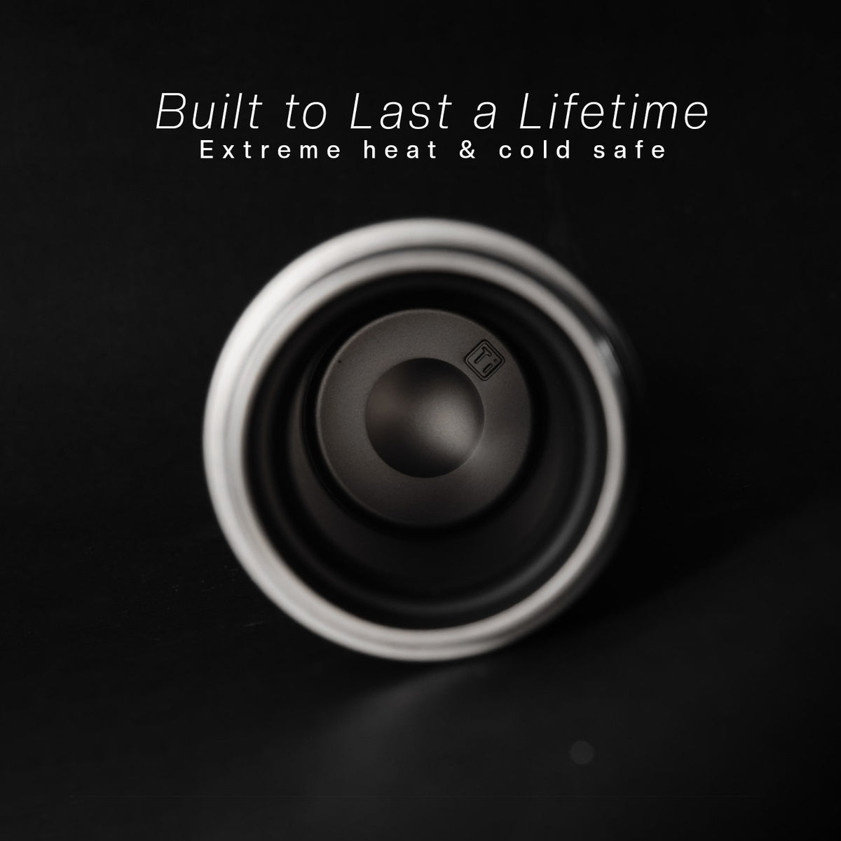 Titanium thermos with text 'Built to Last a Lifetime, Extreme heat & cold safe'