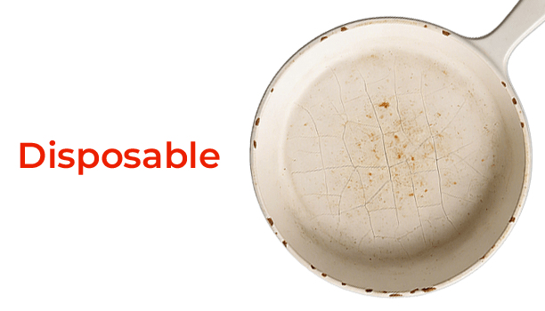 Dirty frying pan with 'Disposable' text on a black background