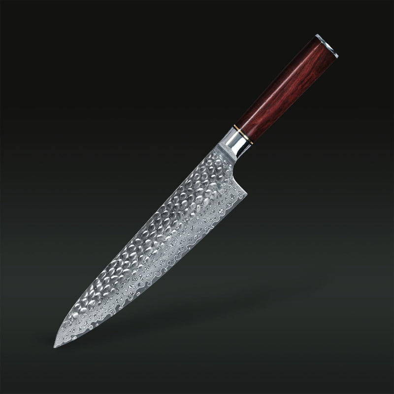 Chef's knife with a wooden handle on a black background