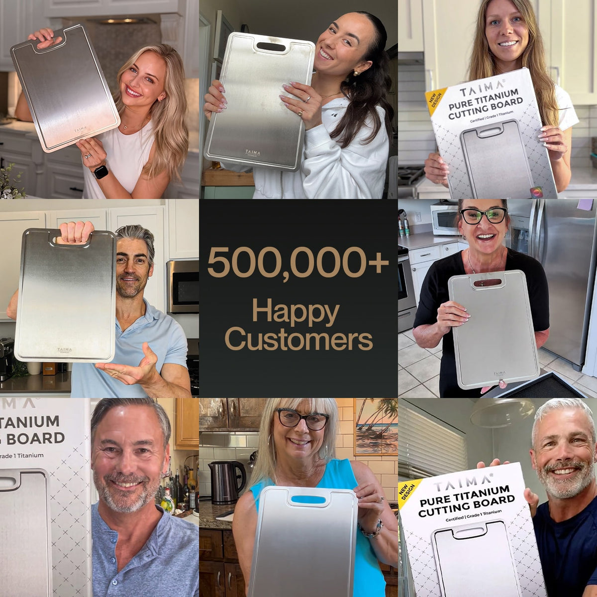 Collage of people holding Taima titanium cutting boards with a text overlay about happy customers.