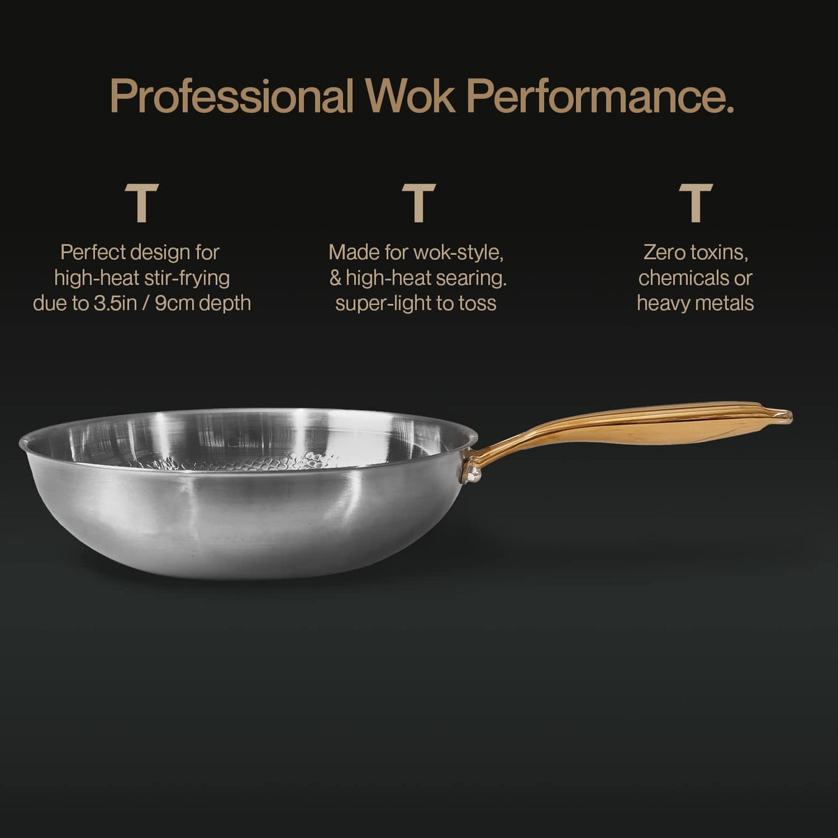 Titanium wok with gold handle on a black background
