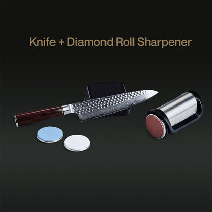 Knife and diamond roll sharpener on a dark background