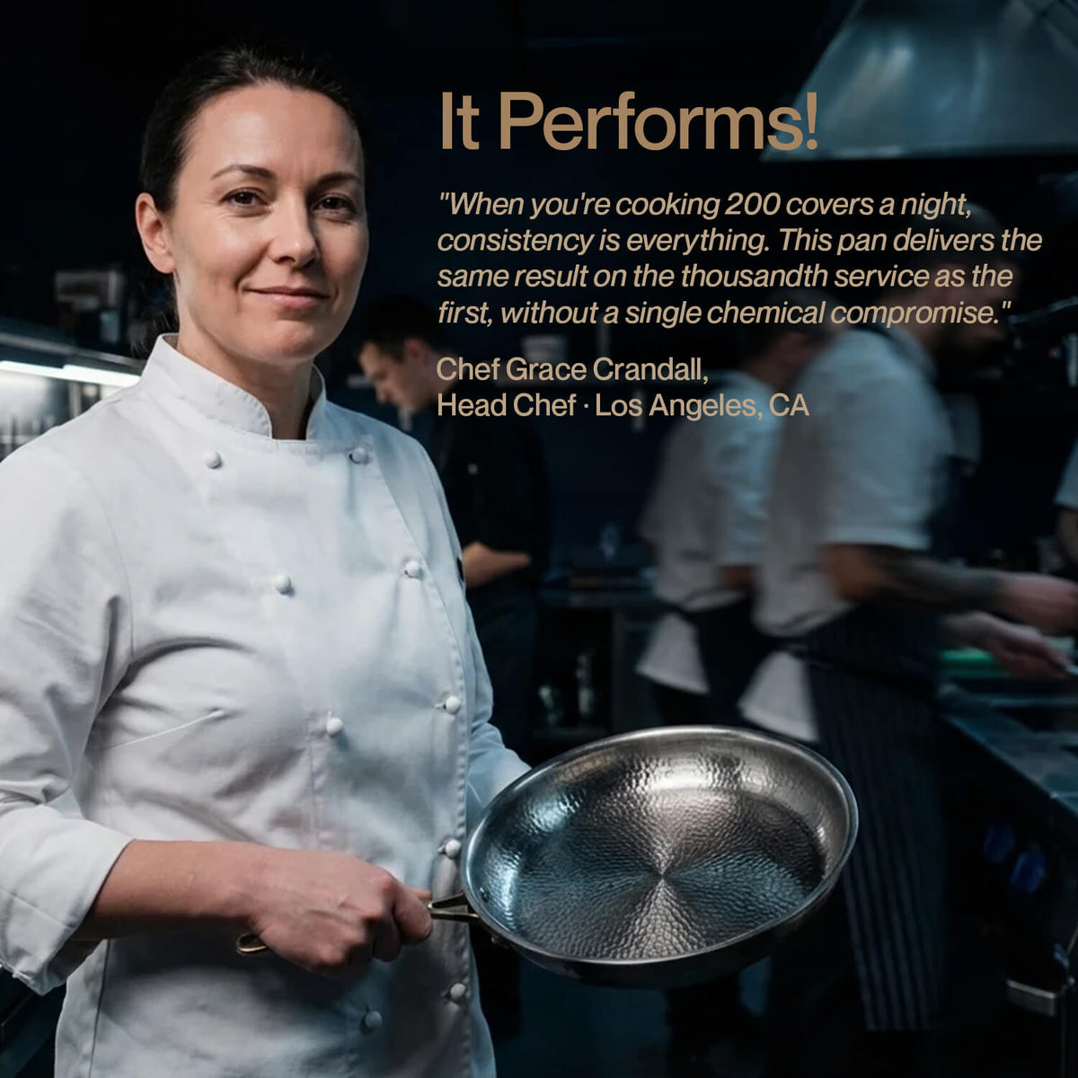Chef holding a pan with text about consistency in cooking, set in a kitchen.