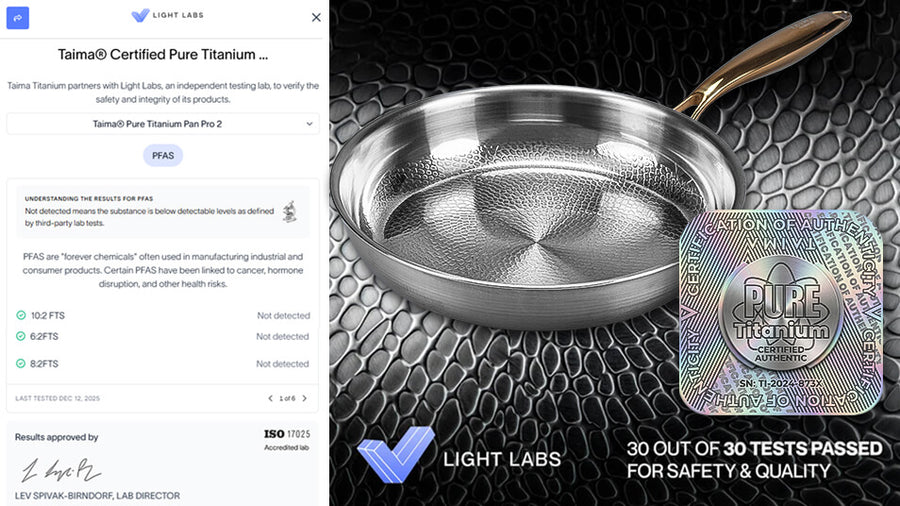 A Titanium steel pan with a hammered finish and a gold-toned handle, shown on a dark textured background alongside a Light Labs certification screenshot and a holographic 'Pure Titanium' badge.