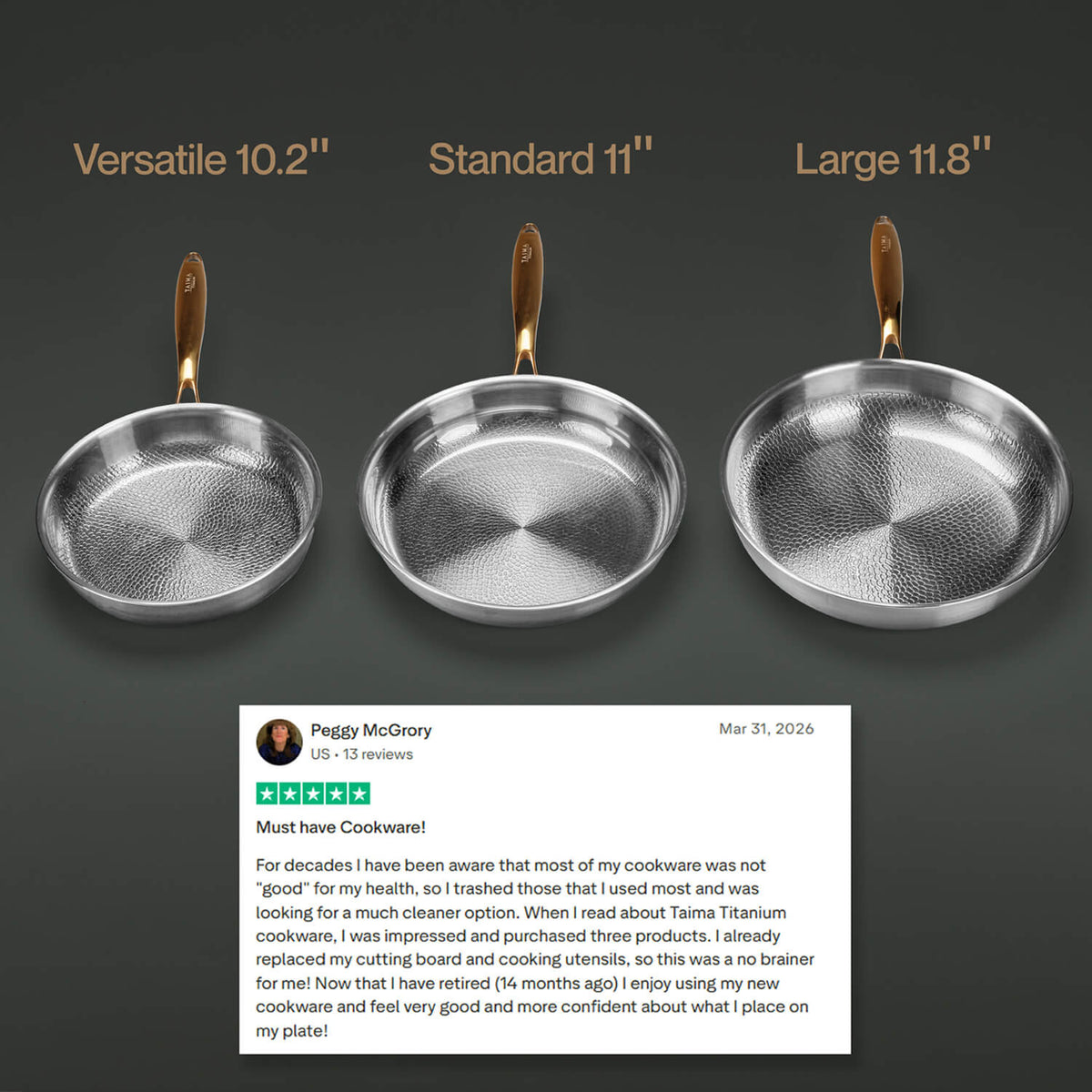 Three frying pans of different sizes with a customer review below on a dark background