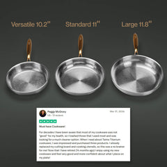 Three frying pans of different sizes with a customer review below on a dark background