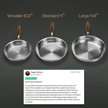 Three frying pans of different sizes with a customer review below on a dark background