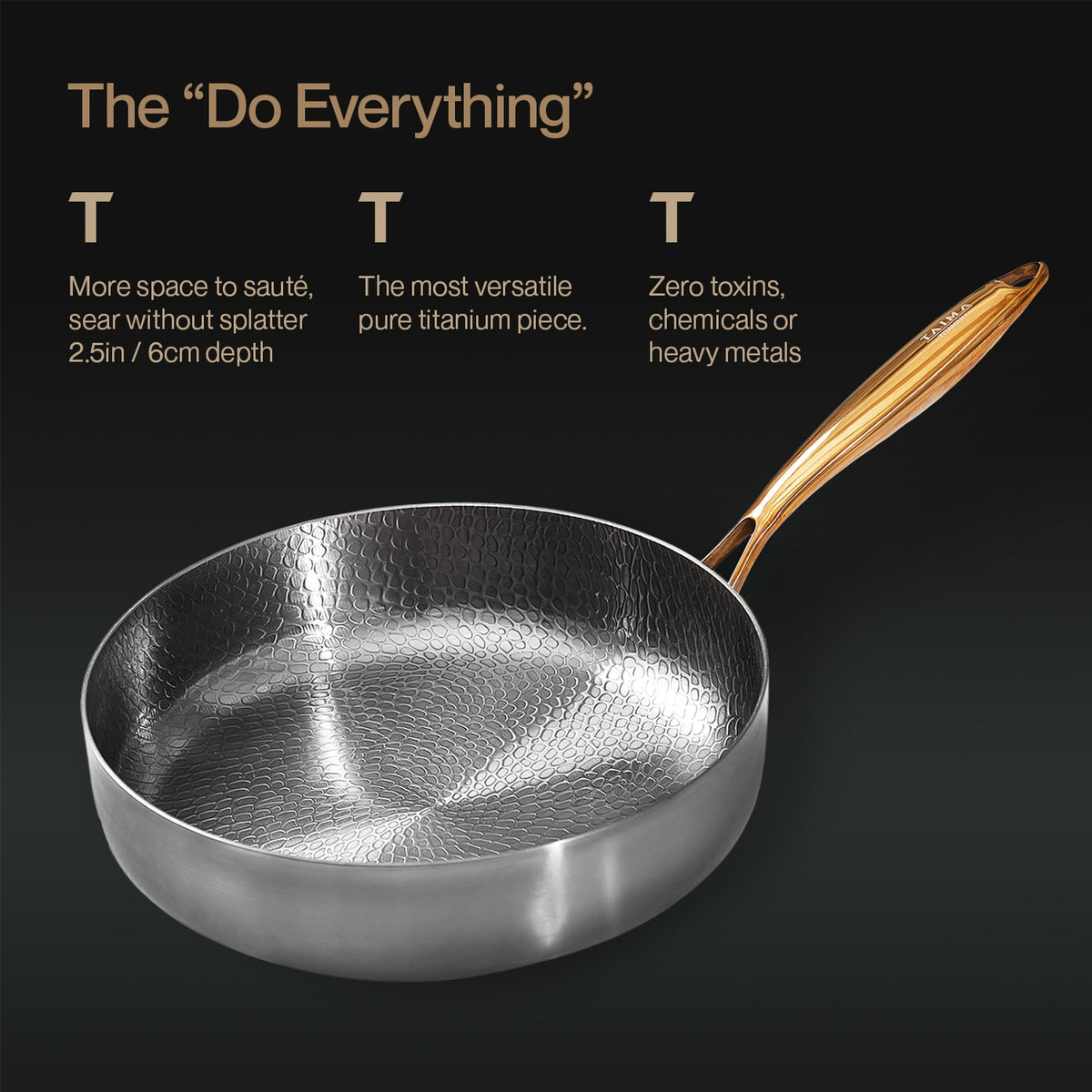 Titanium frying pan with features highlighted