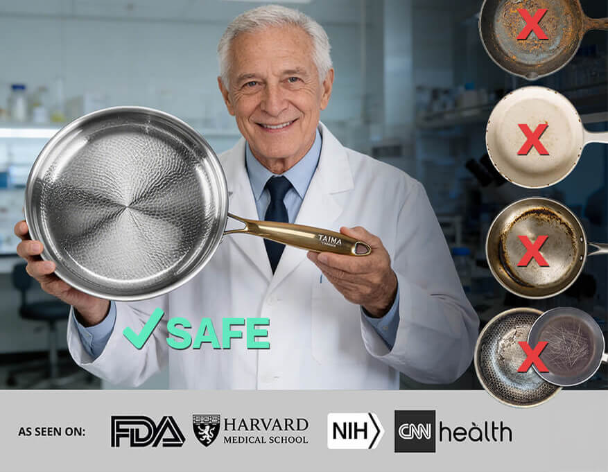 A smiling older man in a white lab coat holds up a stainless steel pan with a gold-colored handle. The background is a blurred laboratory setting, with circular insets on the right showing dirty pans marked with red X's and the word SAFE in green.