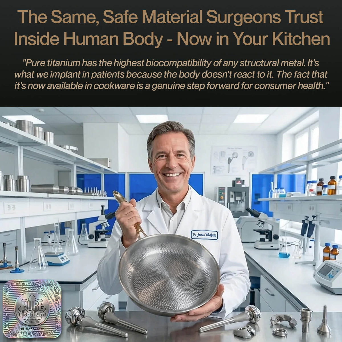 Man in a lab holding a titanium cookware set with promotional text about titanium's biocompatibility.