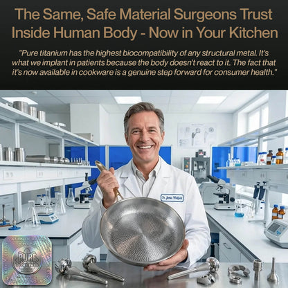 Man in a lab holding a titanium cookware set with promotional text about titanium's biocompatibility.