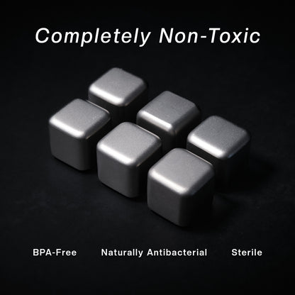 Titanium cubes on a black background with text indicating non-toxicity and safety features.