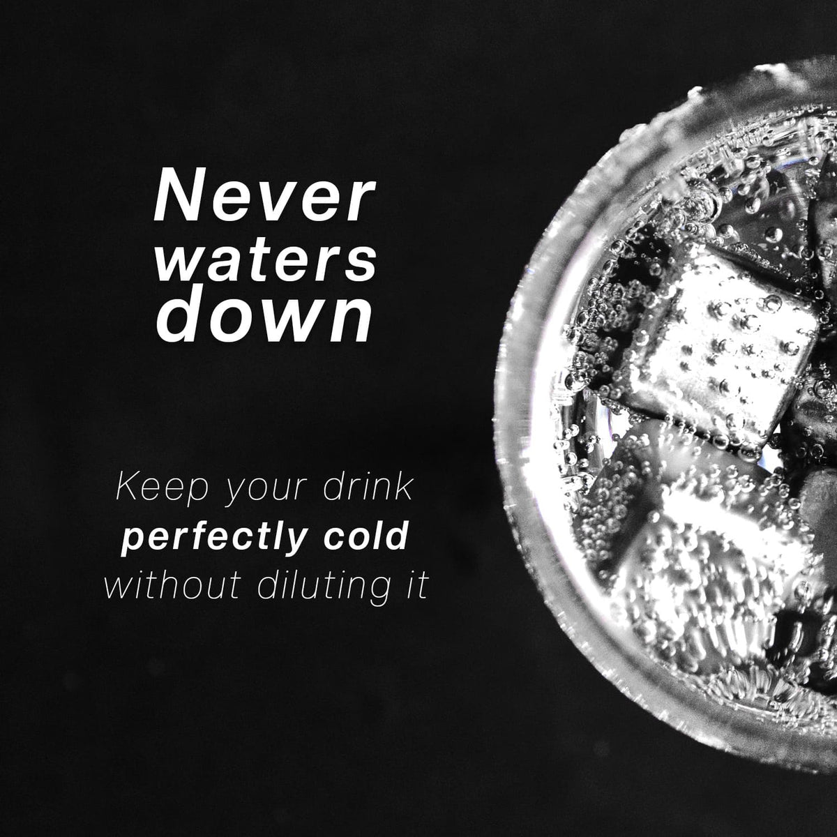 Close-up of a drink with ice cubes and text 'Never waters down' on a black background