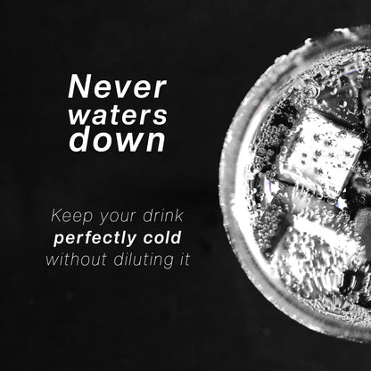 Close-up of a drink with ice cubes and text 'Never waters down' on a black background