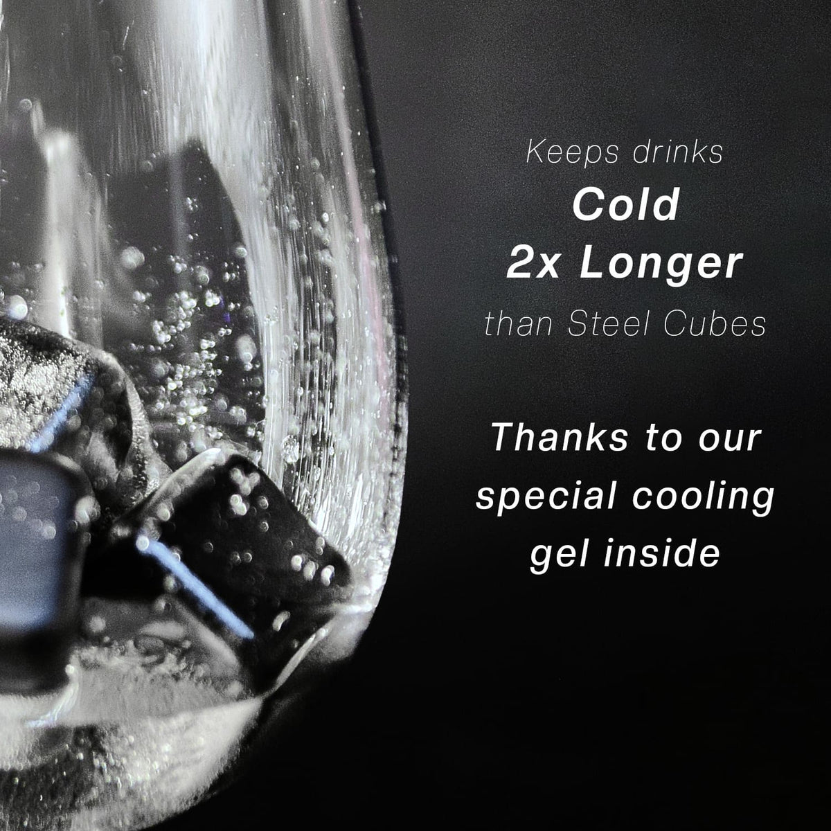 Close-up of a drink with text highlighting the product's feature.