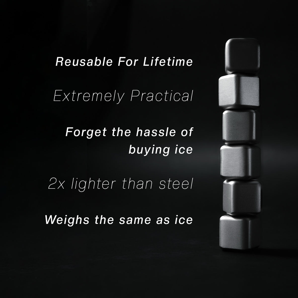 Metallic ice cube with text highlighting its features on a black background