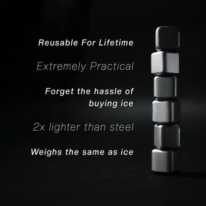 Metallic ice cube with text highlighting its features on a black background