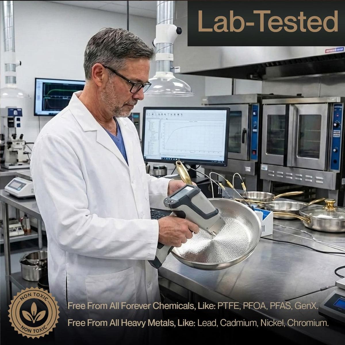 Lab technician in a lab setting with 'Lab-Tested' and 'Non-Toxic' text overlay.