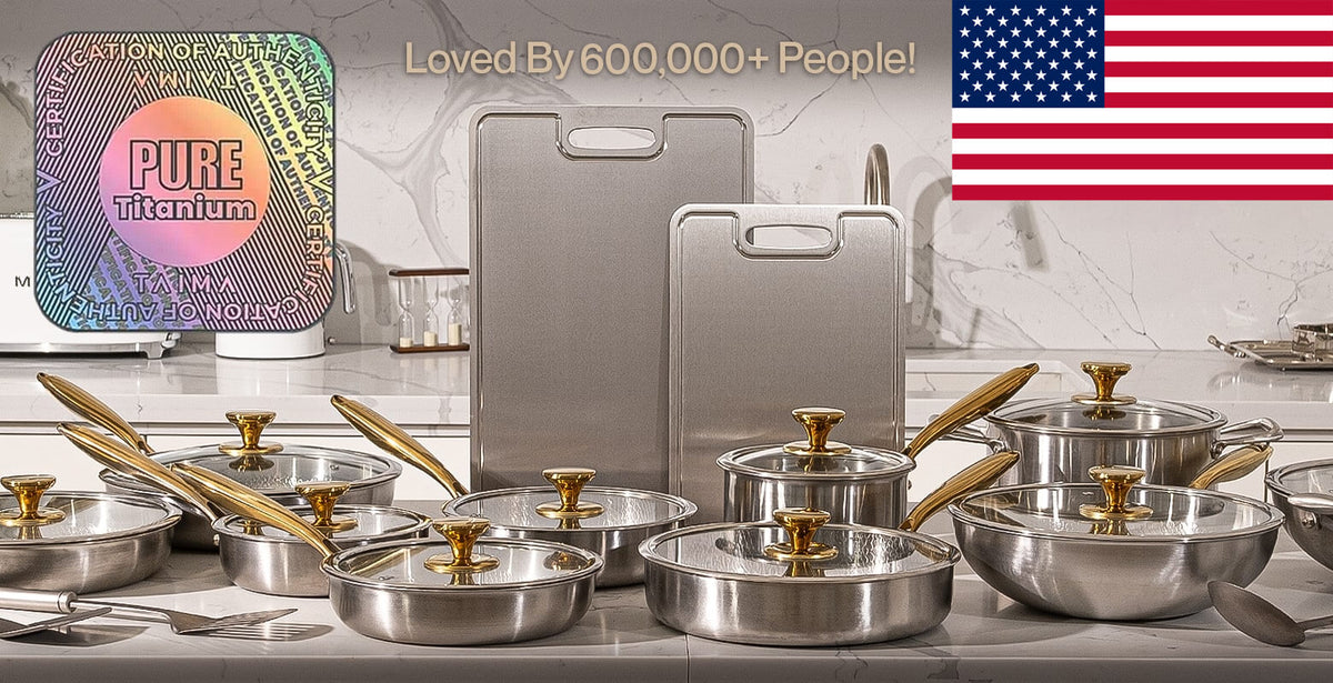 Set of stainless steel cookware with gold handles on a kitchen counter, featuring Pure Titanium branding and an American flag.
