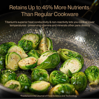 Frying pan with brussels sprouts and text about cookware benefits