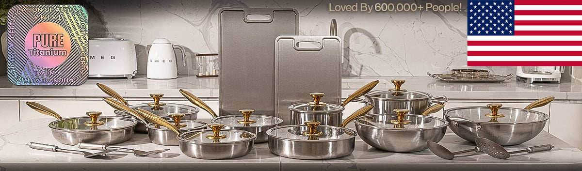 Set of stainless Titanium cookware with gold handles on a kitchen counter, featuring a Pure Panorama logo and American flag.