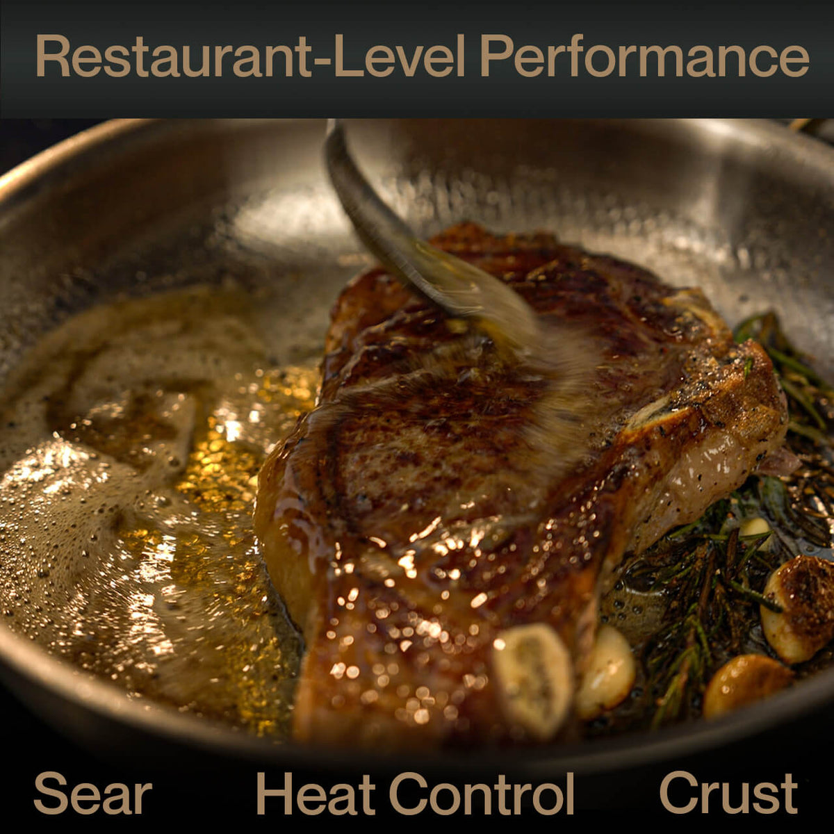 Seared steak with herbs in a pan, labeled 'Restaurant-Level Performance' with 'Sear', 'Heat Control', and 'Crust'.