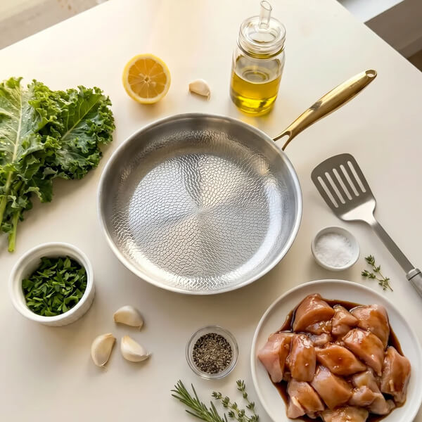 A Titanium steel frying pan with a gold handle is arranged on a light beige tabletop with cooking ingredients and utensils, including a lemon half, kale, garlic cloves, chopped parsley, salt, pepper, chicken pieces, a small bowl, and a spatula.
