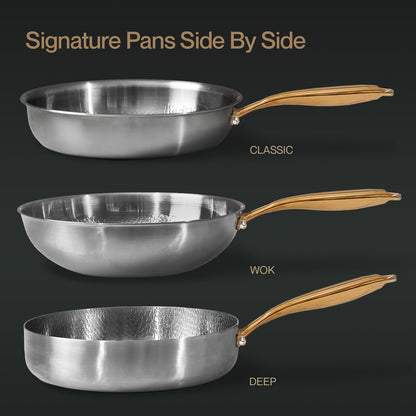 Three Pure Titanium Cookware Set steel frying pans labeled 'Classic', 'Wok', and 'Deep'