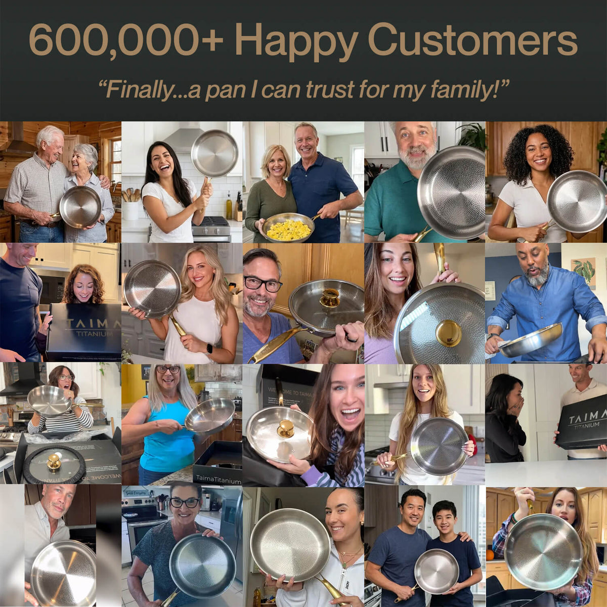Collage of people holding Taima cookware with text about customer satisfaction.