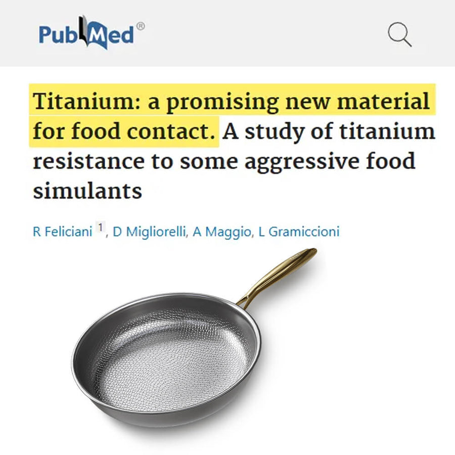 A PubMed-style academic article header with the title 'Titanium: a promising new material for food contact. A study of titanium resistance to some aggressive food simulants' above a photo of a shallow pan with a metallic silver interior and gold-toned handle on a white background.