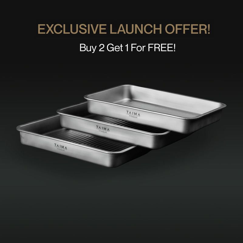 Set of three titanium baking trays with 'TAIMA' branding on a black background, featuring an exclusive launch offer.