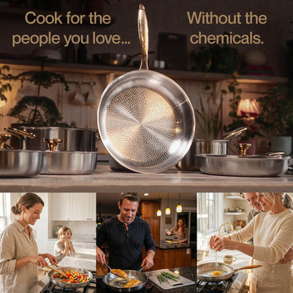 pure titanium cookware set on a kitchen counter with people cooking.