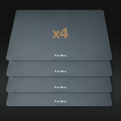 Four gray Taima mats stacked on a dark background