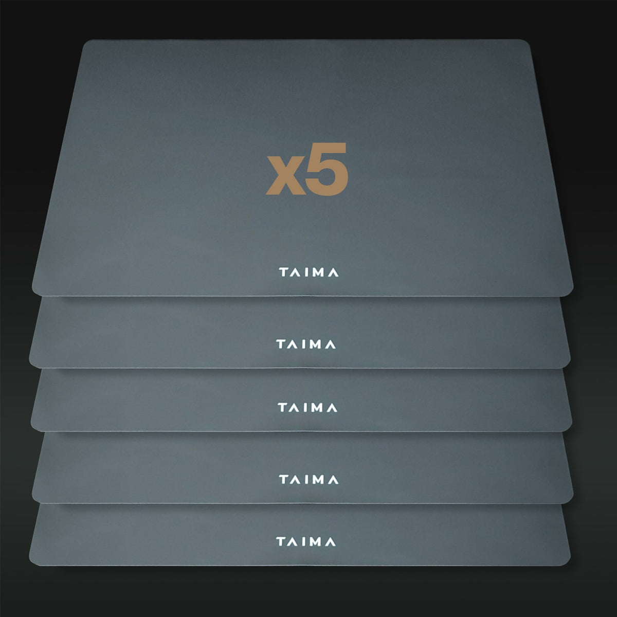 Stack of Taima product packaging with 'x5' on a dark background