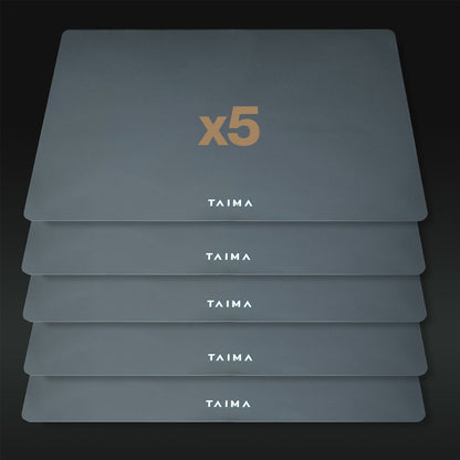 Stack of Taima product packaging with 'x5' on a dark background